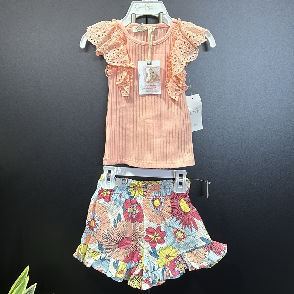 Jessica Simpson 2 pc., Eyelet ruffle knit top, elastic waist ruffle shorts